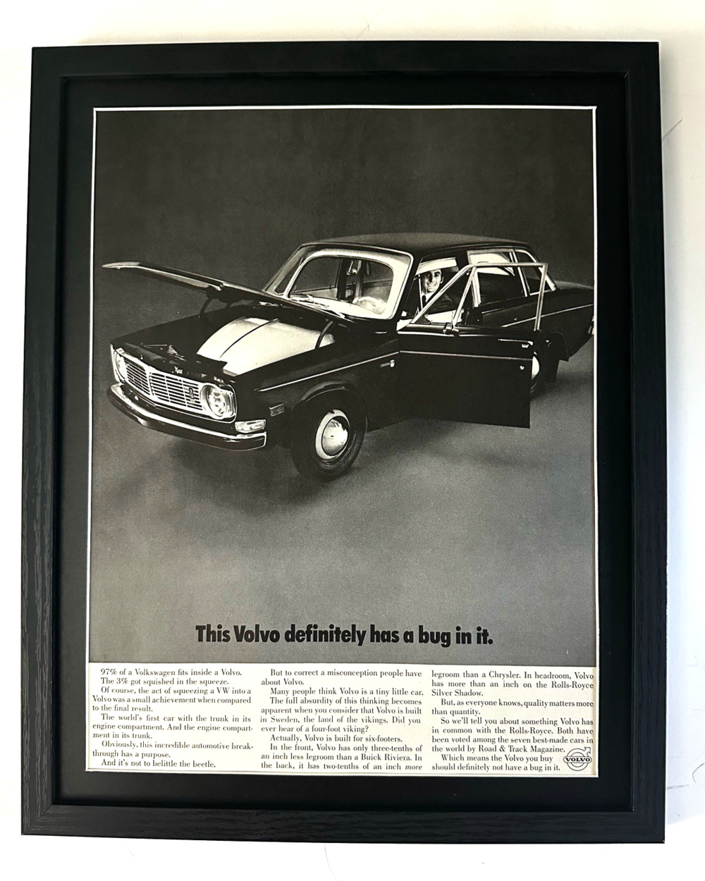 Framed 1968 PRINT AD "This Volvo definitely has a bug in it"